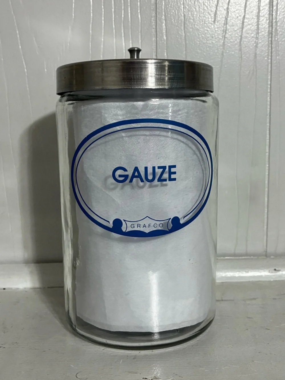 Vintage Glass Apothecary Grafco Gauze Jar Ex Condition 7”x4.5”